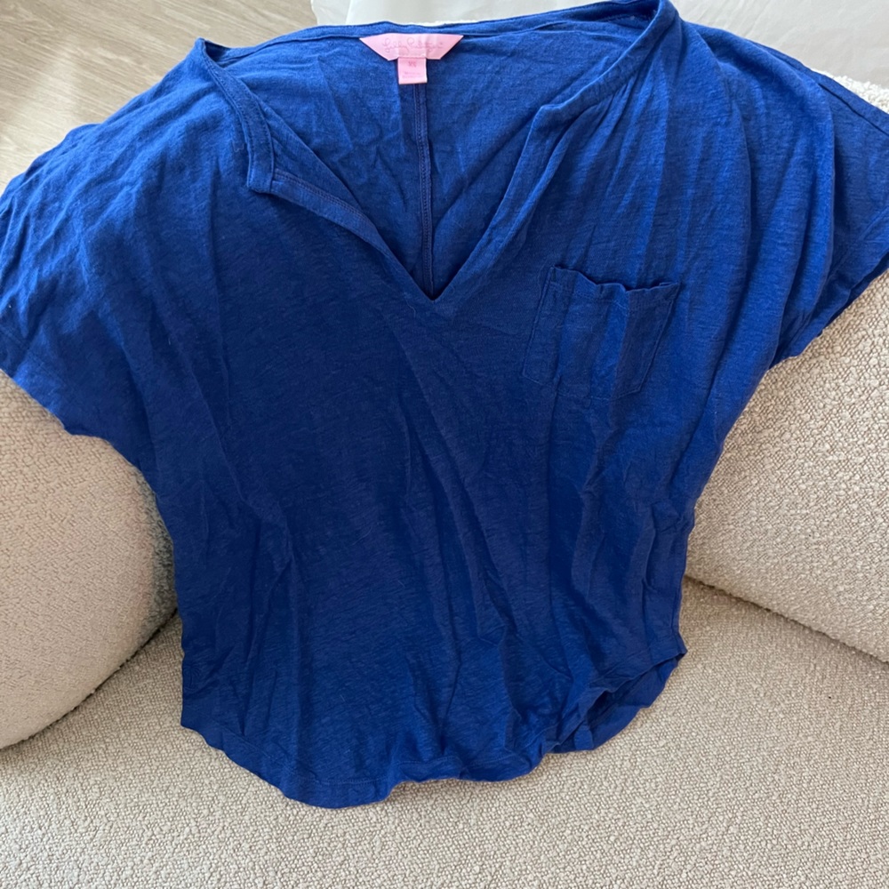 Lilly Pullitzer Vintage Pullover Short Sleeve V-neck Top in Navy Blue, Size XS